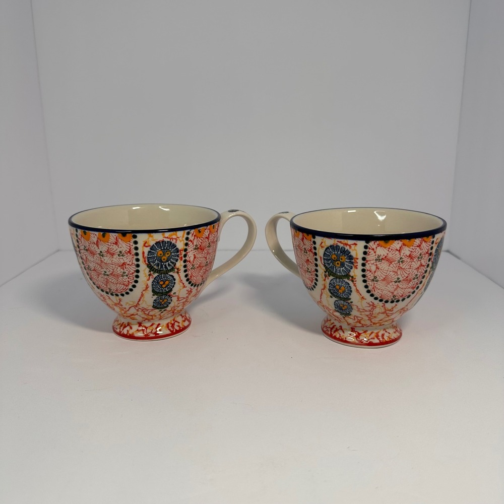 Anthropologie Bird Logo Footed‎ Mugs Set of 2 Multicolor Folk Art Ceramic Cups - Picture 2 of 6